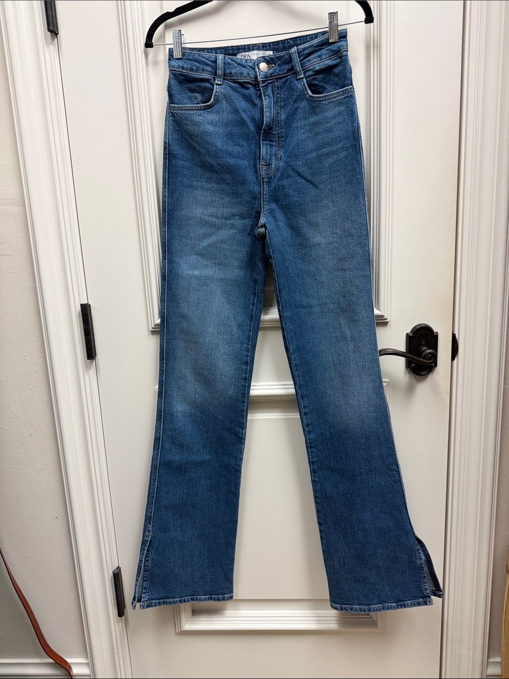 zara high rise slim leg flare slit jeans blue distressed denim skinny stretch